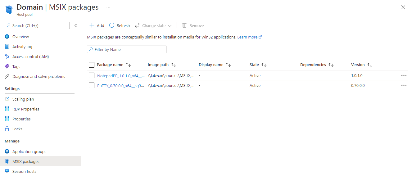 Screenshot of MSIX Packages screen, showing that I have 2 packages (Notepad++ and Putty) both in Active state. Screenshot of MSIX Packages screen, showing that I have 2 packages (Notepad++ and Putty) both in Active state.