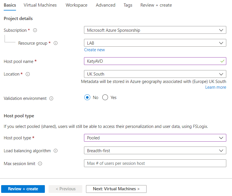Screenshot of Create AVD Host Pool - Basics page Screenshot of Create AVD Host Pool - Basics page
