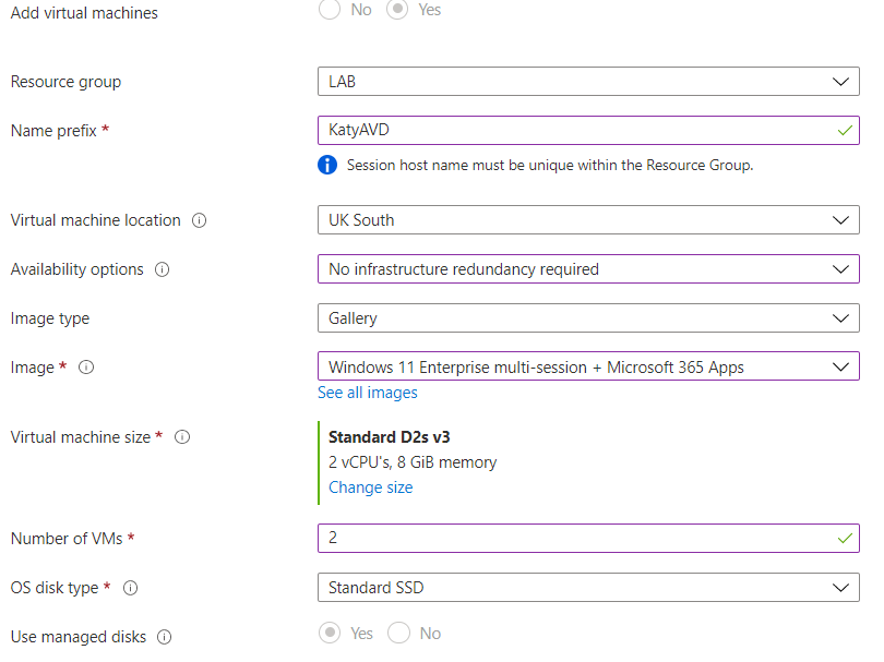 Screenshot of AVD Host Pool Virtual Machines setup page Screenshot of AVD Host Pool Virtual Machines setup page