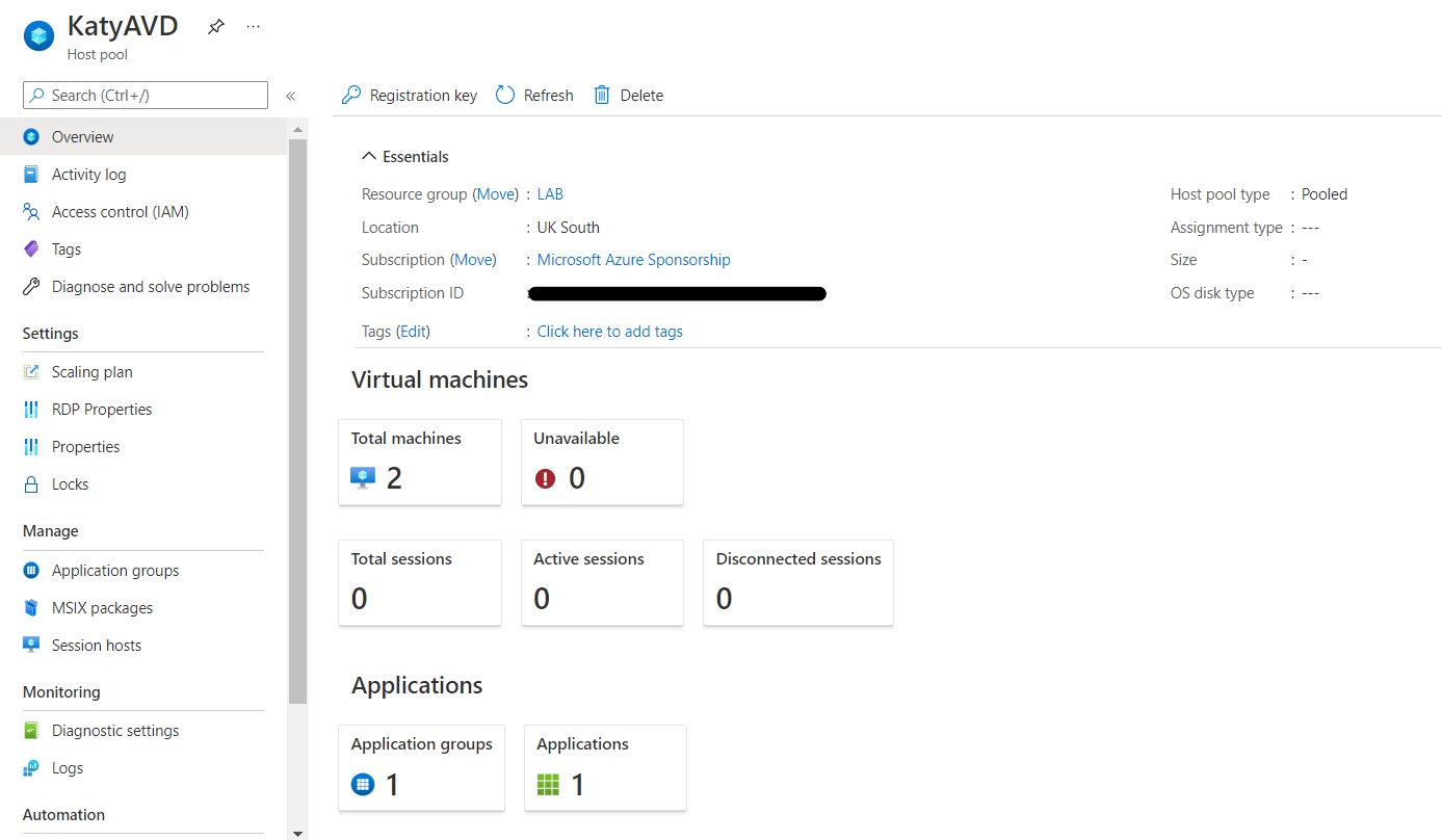 Screenshot of host pool overview screen, items to note are Virtual Machine counts, Session counts, and application groups. Screenshot of host pool overview screen, items to note are Virtual Machine counts, Session counts, and application groups.