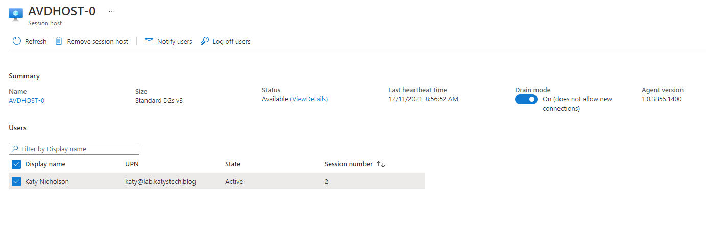 Screenshot of AVD host page, showing 1 logged on session Screenshot of AVD host page, showing 1 logged on session