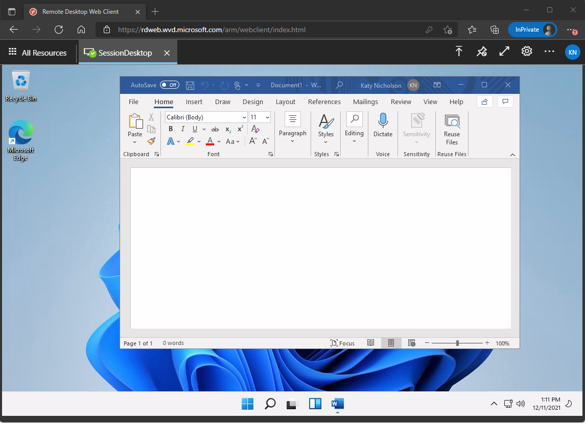 Screenshot of AVD HTML5 client showing the Windows 11 desktop, with Word running Screenshot of AVD HTML5 client showing the Windows 11 desktop, with Word running