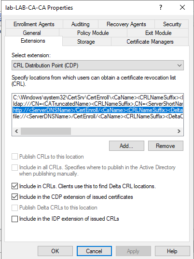 Screenshot of Extensions tab of CA properties, showing the http CRL location
