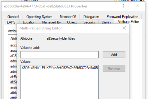 Screenshot of altSecurityIdentities attribute in AD Users and Computers. Screenshot of altSecurityIdentities attribute in AD Users and Computers.