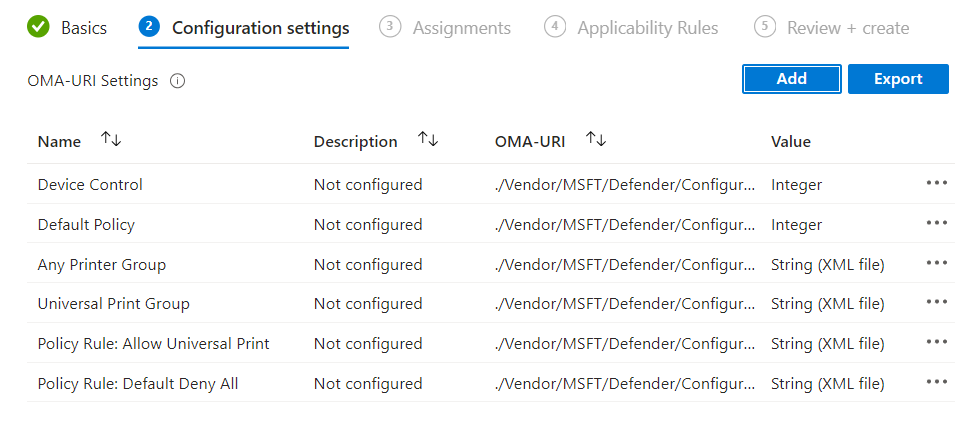 Screenshot of Intune showing configured OMA-URI settings. Screenshot of Intune showing configured OMA-URI settings.
