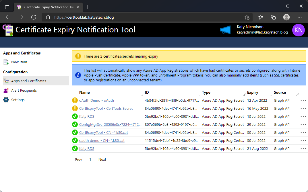 Screenshot of certificate expiry tool, showing a list of certificates Screenshot of certificate expiry tool, showing a list of certificates