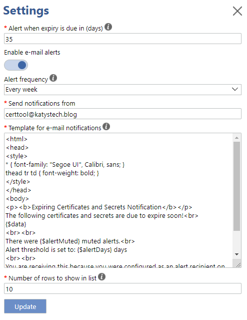 Settings page screenshot, showing various fields Settings page screenshot, showing various fields