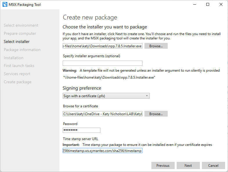 Screenshot of 'Select installer' page of MSIX packaging tool, showing Notepad++ installer has been selected, and signed with a PFX Screenshot of 'Select installer' page of MSIX packaging tool, showing Notepad++ installer has been selected, and signed with a PFX