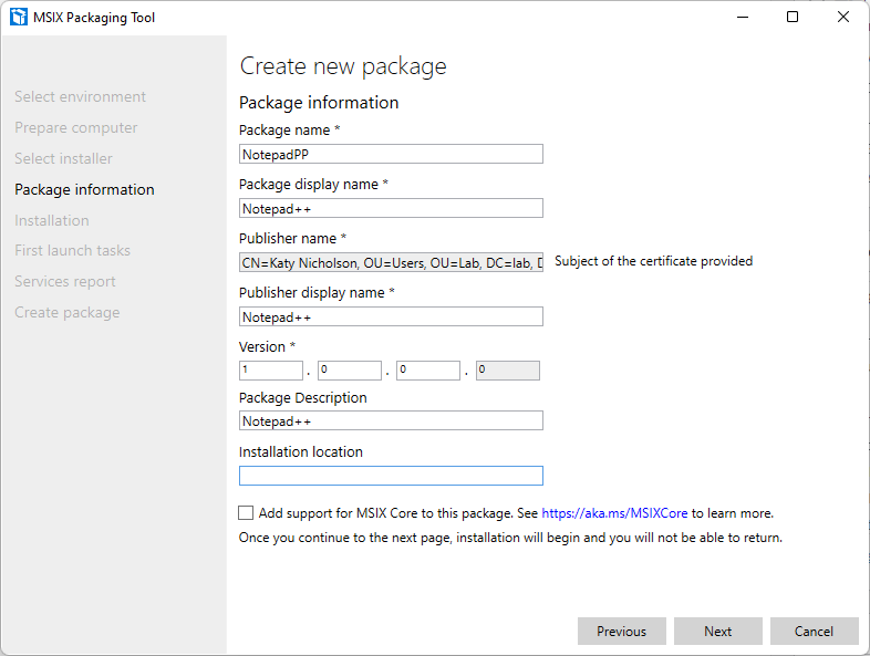 Screenshot of 'Package information' screen in MSIX packaging tool, showing the package data for Notepad++ Screenshot of 'Package information' screen in MSIX packaging tool, showing the package data for Notepad++